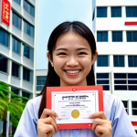 **

"Vietnamese student smiling confidently while holding JLPT certificate in front of a bright, modern office building in Ho Chi Minh City. Focus on achievement and career prospects. AdSense friendly."

**