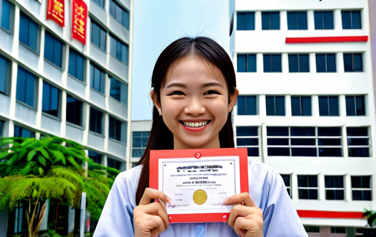 **

"Vietnamese student smiling confidently while holding JLPT certificate in front of a bright, modern office building in Ho Chi Minh City. Focus on achievement and career prospects. AdSense friendly."

**