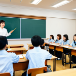 A professional Japanese language teacher, fully clothed in a modest, business-casual outfit, stands confidently at the front of a modern, brightly lit classroom. She is gesturing towards a large interactive screen displaying complex Japanese kanji characters. A diverse group of adult students, all fully clothed in appropriate attire and professional dress, are attentively seated at clean, comfortable desks, some taking notes, others looking engaged. The classroom environment is conducive to learning, with good lighting and organized study materials. Professional photography, high quality, perfect anatomy, correct proportions, natural pose, well-formed hands, proper finger count. Safe for work, appropriate content, family-friendly.