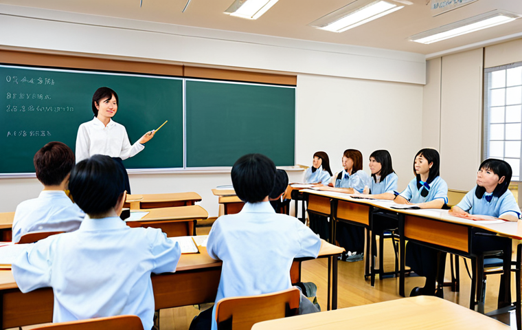 A professional Japanese language teacher, fully clothed in a modest, business-casual outfit, stands confidently at the front of a modern, brightly lit classroom. She is gesturing towards a large interactive screen displaying complex Japanese kanji characters. A diverse group of adult students, all fully clothed in appropriate attire and professional dress, are attentively seated at clean, comfortable desks, some taking notes, others looking engaged. The classroom environment is conducive to learning, with good lighting and organized study materials. Professional photography, high quality, perfect anatomy, correct proportions, natural pose, well-formed hands, proper finger count. Safe for work, appropriate content, family-friendly.