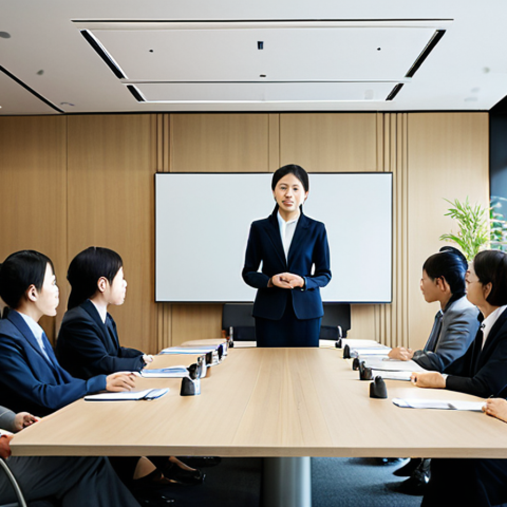 A professional Vietnamese businesswoman in a modest dark business suit, seated attentively at a large, polished conference table in a modern, minimalist Japanese office meeting room. She is engaged in a respectful group discussion, demonstrating active listening with a natural pose and correct proportions. The room features large windows and contemporary furniture, conveying a calm, professional atmosphere. The scene emphasizes effective business communication and cultural understanding. This image is safe for work, appropriate content, fully clothed, professional dress, perfect anatomy, well-formed hands, proper finger count, natural body proportions, high quality professional photography.