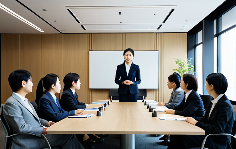A professional Vietnamese businesswoman in a modest dark business suit, seated attentively at a large, polished conference table in a modern, minimalist Japanese office meeting room. She is engaged in a respectful group discussion, demonstrating active listening with a natural pose and correct proportions. The room features large windows and contemporary furniture, conveying a calm, professional atmosphere. The scene emphasizes effective business communication and cultural understanding. This image is safe for work, appropriate content, fully clothed, professional dress, perfect anatomy, well-formed hands, proper finger count, natural body proportions, high quality professional photography.