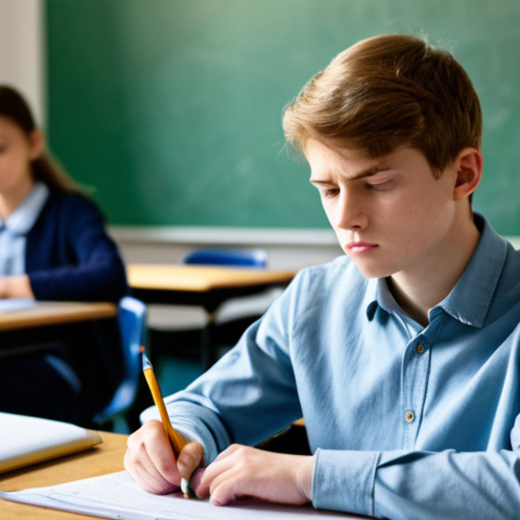 A focused young adult student, male or female, is seated at a wooden desk in a well-lit, quiet examination hall. The student is dressed in a modest long-sleeved shirt and simple trousers, fully clothed, appropriate attire. Their expression shows a moment of genuine perplexity and slight frustration, with a furrowed brow, as they look closely at a question on an exam paper. A pencil is held near the paper, suggesting deep thought. The background is a gently blurred view of other students concentrating on their exams, maintaining a calm atmosphere. Professional photography, high resolution, sharp focus on the student, soft natural lighting. perfect anatomy, correct proportions, natural pose, well-formed hands, proper finger count, natural body proportions, safe for work, appropriate content, family-friendly.