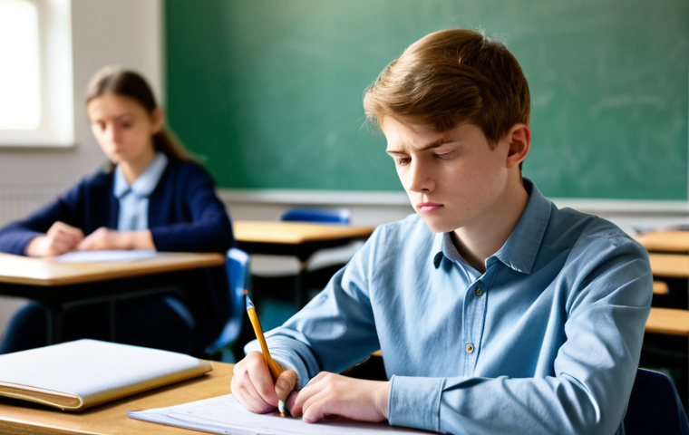 A focused young adult student, male or female, is seated at a wooden desk in a well-lit, quiet examination hall. The student is dressed in a modest long-sleeved shirt and simple trousers, fully clothed, appropriate attire. Their expression shows a moment of genuine perplexity and slight frustration, with a furrowed brow, as they look closely at a question on an exam paper. A pencil is held near the paper, suggesting deep thought. The background is a gently blurred view of other students concentrating on their exams, maintaining a calm atmosphere. Professional photography, high resolution, sharp focus on the student, soft natural lighting. perfect anatomy, correct proportions, natural pose, well-formed hands, proper finger count, natural body proportions, safe for work, appropriate content, family-friendly.