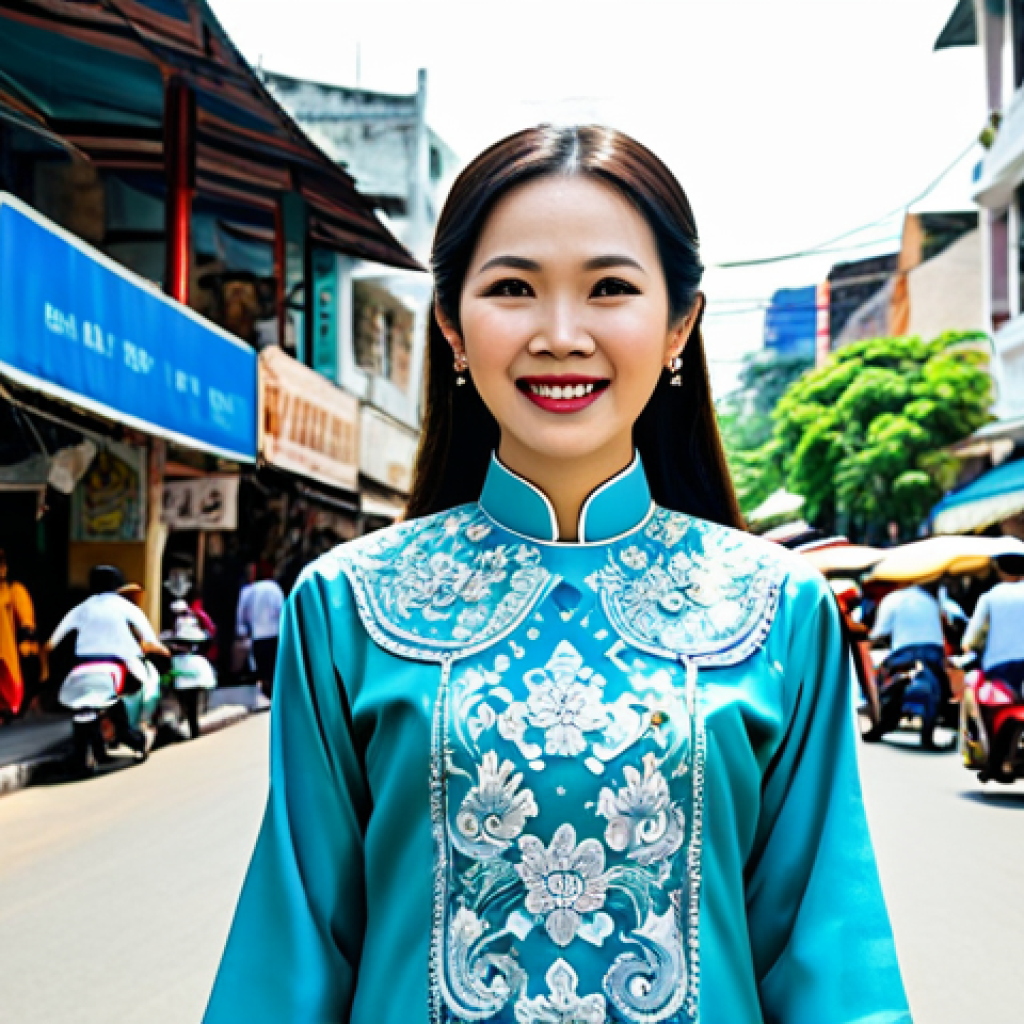 **

A professional Vietnamese woman in a modest Ao Dai (traditional Vietnamese dress) with intricate embroidery, standing in front of the iconic Ben Thanh Market in Ho Chi Minh City, fully clothed, appropriate attire, safe for work, perfect anatomy, natural proportions, professional photography, high quality, bright daylight, cheerful expression.

**