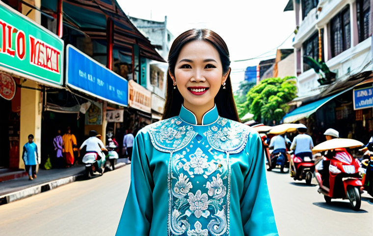**

A professional Vietnamese woman in a modest Ao Dai (traditional Vietnamese dress) with intricate embroidery, standing in front of the iconic Ben Thanh Market in Ho Chi Minh City, fully clothed, appropriate attire, safe for work, perfect anatomy, natural proportions, professional photography, high quality, bright daylight, cheerful expression.

**