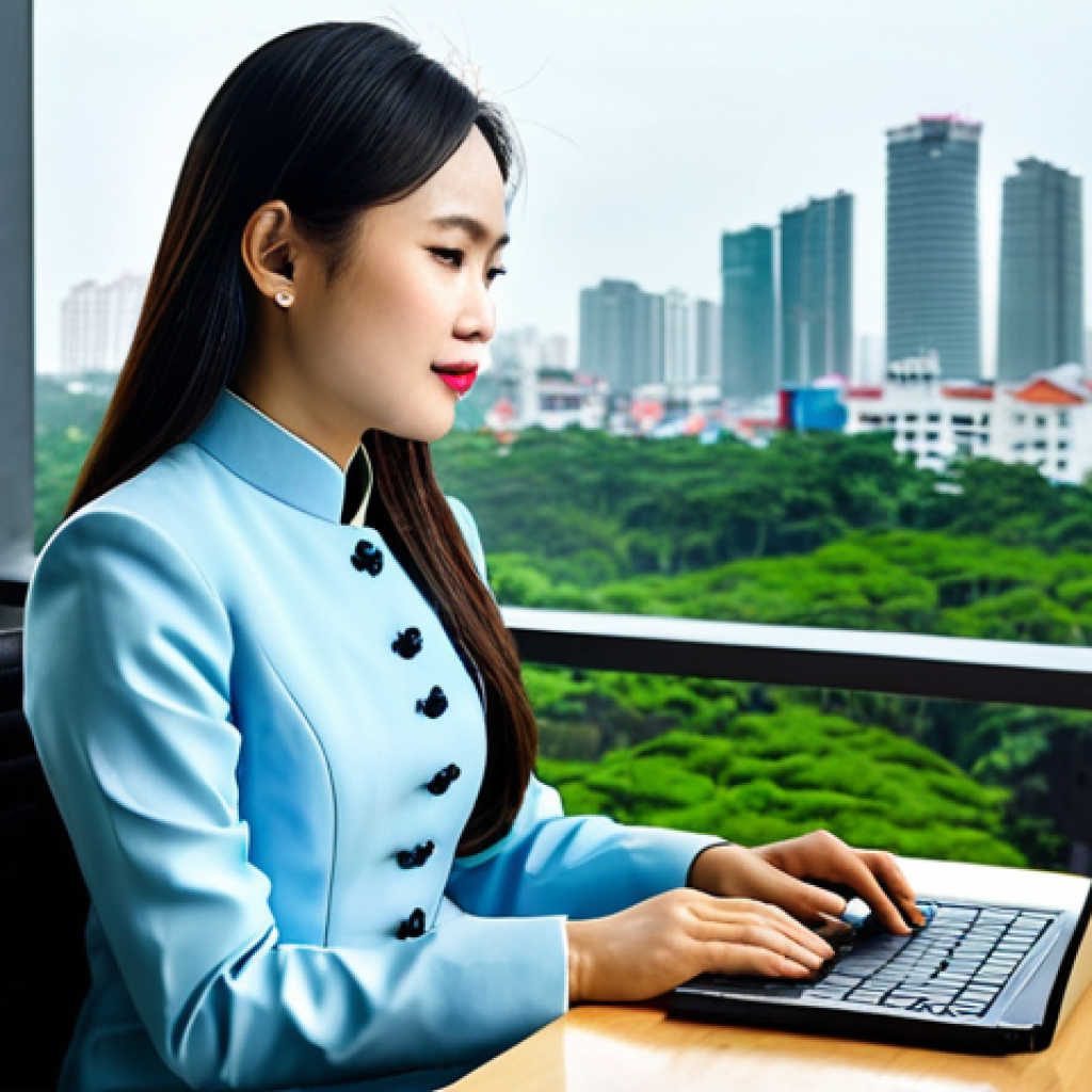 **

"A successful Vietnamese businesswoman in a tailored Ao Dai, fully clothed, modest and professional, working on a laptop in a modern Ho Chi Minh City office with a view of the cityscape, appropriate attire, safe for work, perfect anatomy, correct proportions, natural pose, professional photography, high quality."

**