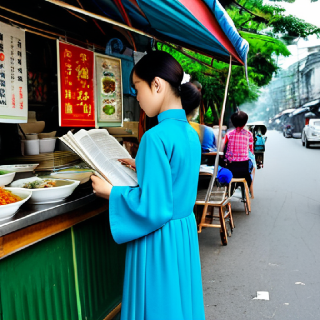 **

A vibrant Hanoi street scene, daytime. A young woman, fully clothed in a modest ao dai, stands at a pho stall reading a JLPT textbook. The stall is bustling with activity, other patrons are eating. Focus on her concentration. Safe for work, appropriate content, professional photography, perfect anatomy, natural proportions, family-friendly.

**