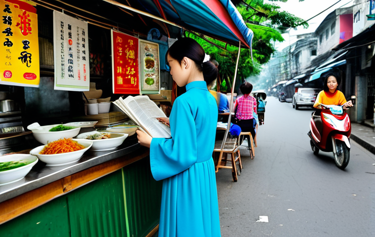 **

A vibrant Hanoi street scene, daytime. A young woman, fully clothed in a modest ao dai, stands at a pho stall reading a JLPT textbook. The stall is bustling with activity, other patrons are eating. Focus on her concentration. Safe for work, appropriate content, professional photography, perfect anatomy, natural proportions, family-friendly.

**