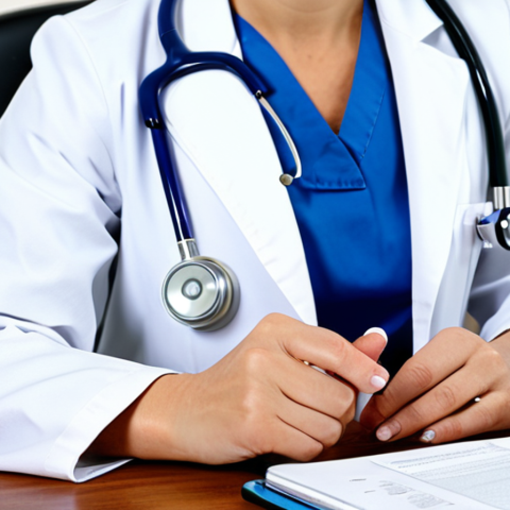 **

"A professional female doctor in a clean, bright hospital office, wearing a white coat and stethoscope, fully clothed, appropriate attire, safe for work, perfect anatomy, natural proportions, well-formed hands, proper finger count, professional photograph, high quality, modest, family-friendly. Background includes a computer monitor and medical books."

**