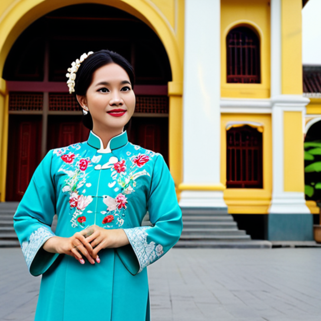 **

"A professional Vietnamese woman in a modest, traditional Ao Dai, standing in front of the iconic Hanoi Opera House. The Ao Dai is beautifully detailed with floral embroidery. Safe for work, appropriate content, fully clothed, professional, family-friendly, perfect anatomy, natural proportions, well-formed hands, proper finger count, professional photography, high quality, bright daylight, realistic."

**