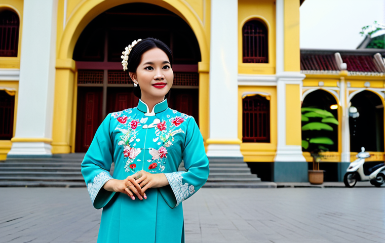 **

"A professional Vietnamese woman in a modest, traditional Ao Dai, standing in front of the iconic Hanoi Opera House. The Ao Dai is beautifully detailed with floral embroidery. Safe for work, appropriate content, fully clothed, professional, family-friendly, perfect anatomy, natural proportions, well-formed hands, proper finger count, professional photography, high quality, bright daylight, realistic."

**