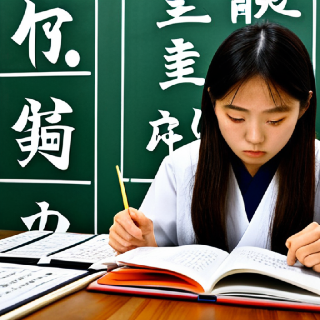 JLPT와 일본어 통번역 전문가의 경험담 - Overcoming Fear** A determined student studying Japanese with textbooks and flashcards, surrounded b...