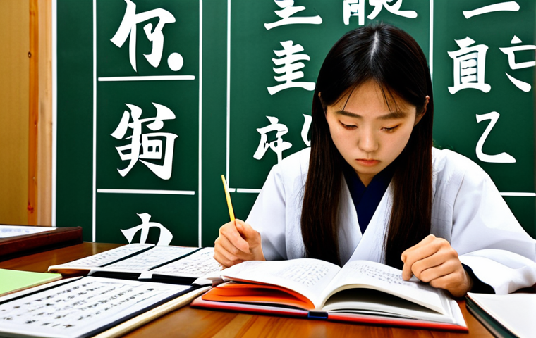 JLPT와 일본어 통번역 전문가의 경험담 - Overcoming Fear** A determined student studying Japanese with textbooks and flashcards, surrounded b...