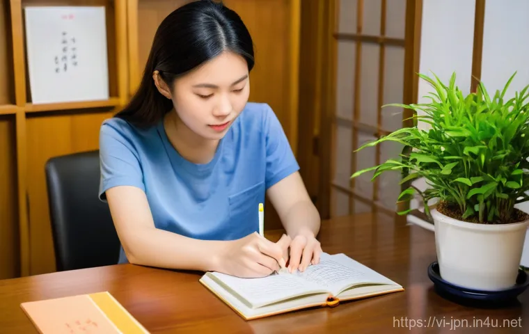 일본어 능력시험 대비 실전 모의고사 활용법 - **A Focused Study Session for JLPT:**
    A determined young Vietnamese woman, in her early twenties...