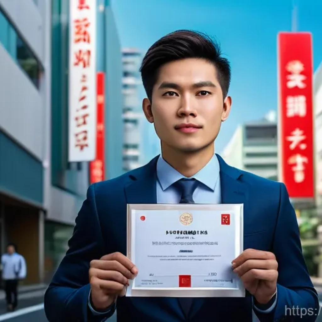 JLPT 취득 후 일본 내 스타트업 도전 사례 - A determined young Vietnamese adult, dressed in smart business casual attire, stands in a vibrant, m...