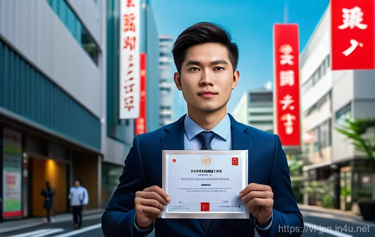 JLPT 취득 후 일본 내 스타트업 도전 사례 - A determined young Vietnamese adult, dressed in smart business casual attire, stands in a vibrant, m...