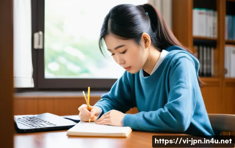 JLPT와 일본 내 연수 프로그램 성공 사례 - **Prompt: Focused JLPT Study Session**
    A young Vietnamese woman, in her early twenties, is engro...