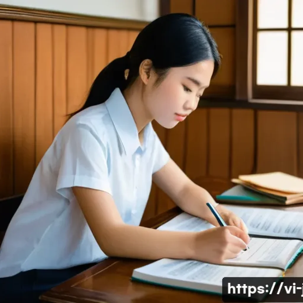 JLPT와 일본어 이론 공부 병행하는 법 - "A focused young Vietnamese woman, in her early twenties, is deeply engrossed in studying for the Ja...