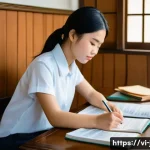 Home 8 JLPT와 일본어 이론 공부 병행하는 법 - "A focused young Vietnamese woman, in her early twenties, is deeply engrossed in studying for the Ja...