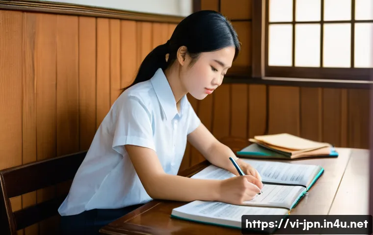 JLPT와 일본어 이론 공부 병행하는 법 - "A focused young Vietnamese woman, in her early twenties, is deeply engrossed in studying for the Ja...