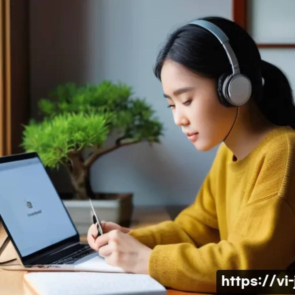 JLPT와 일본어 시험의 중급 학습법 - A cozy study room scene featuring a young Vietnamese adult woman sitting at a wooden desk near a win...