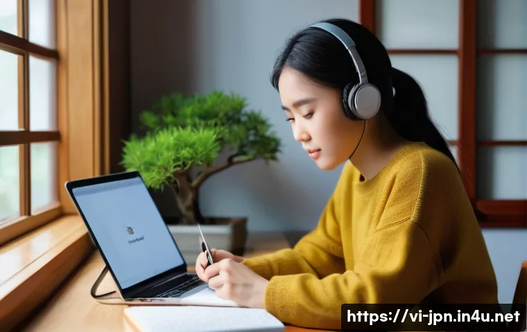 JLPT와 일본어 시험의 중급 학습법 - A cozy study room scene featuring a young Vietnamese adult woman sitting at a wooden desk near a win...