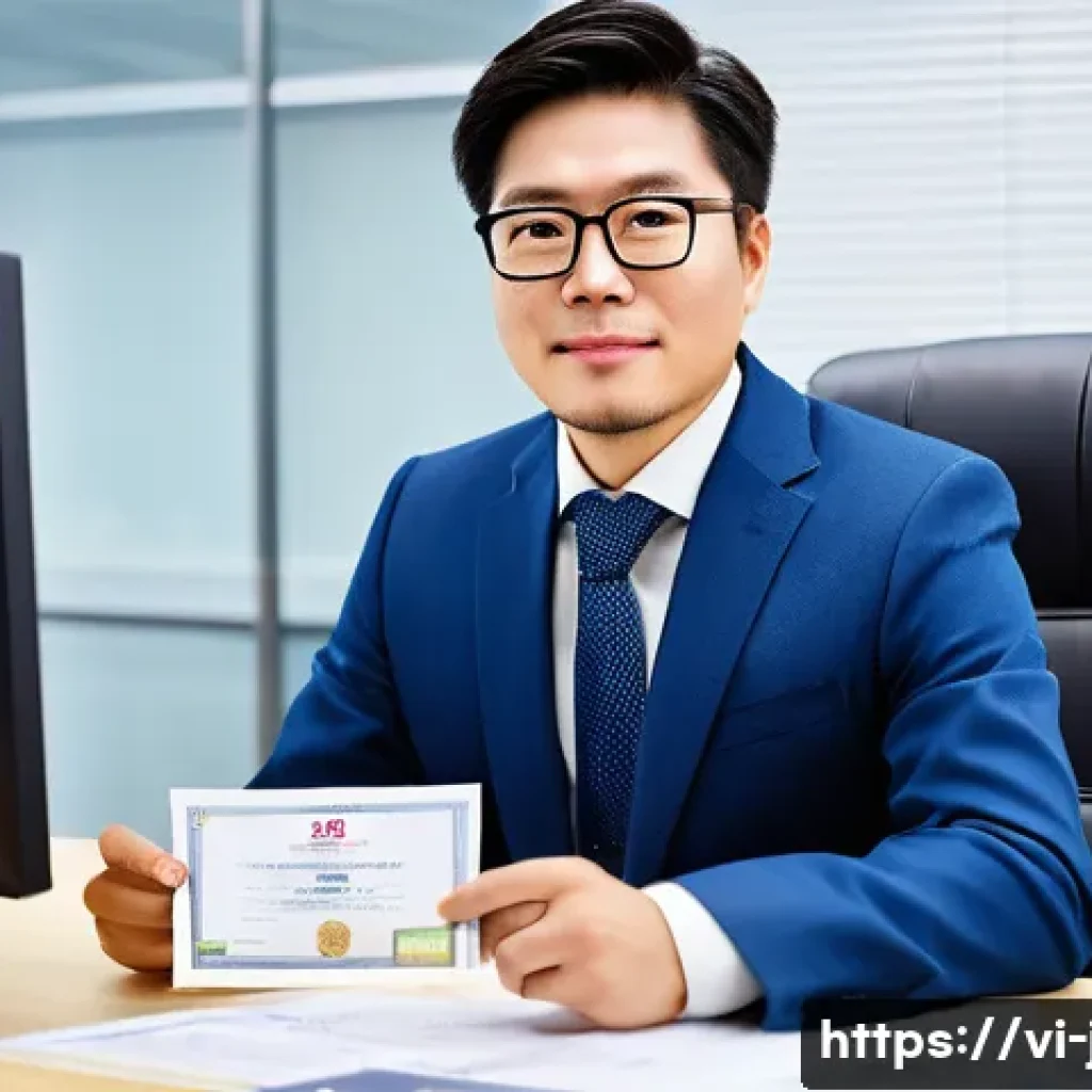 JLPT와 일본 내 자격증과의 연계성 - A professional Vietnamese office worker in smart casual attire, confidently holding a JLPT N2 certif...
