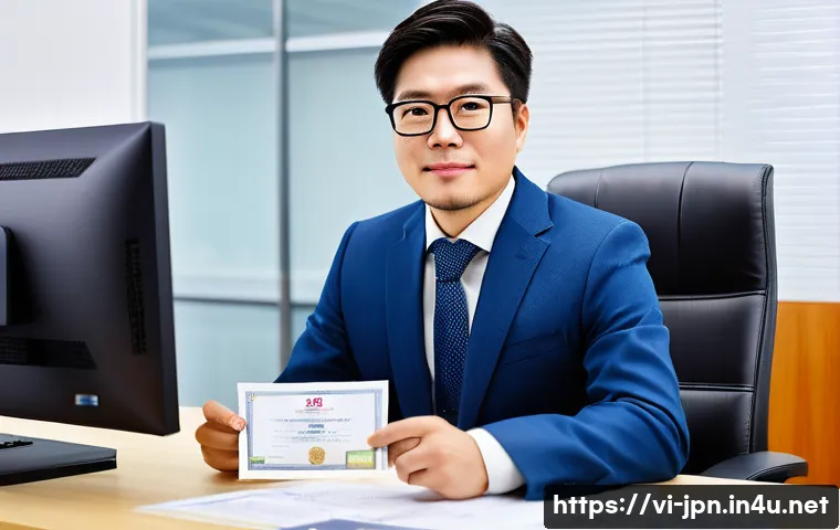 JLPT와 일본 내 자격증과의 연계성 - A professional Vietnamese office worker in smart casual attire, confidently holding a JLPT N2 certif...