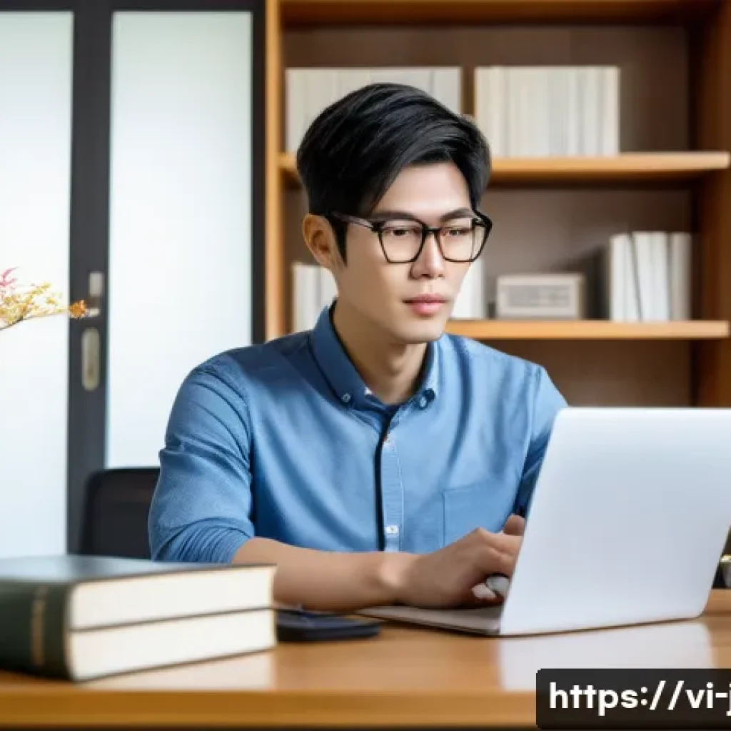 JLPT 취득 후 일본 국내 거주 방법 - A young Vietnamese professional confidently working in a modern Japanese office environment, wearing...