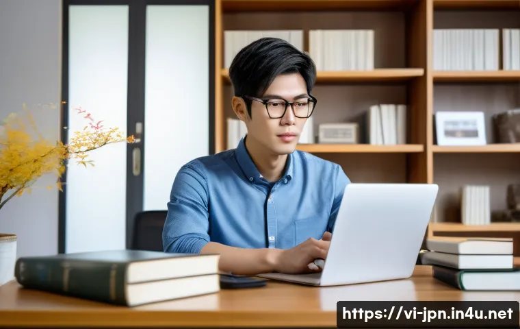 JLPT 취득 후 일본 국내 거주 방법 - A young Vietnamese professional confidently working in a modern Japanese office environment, wearing...
