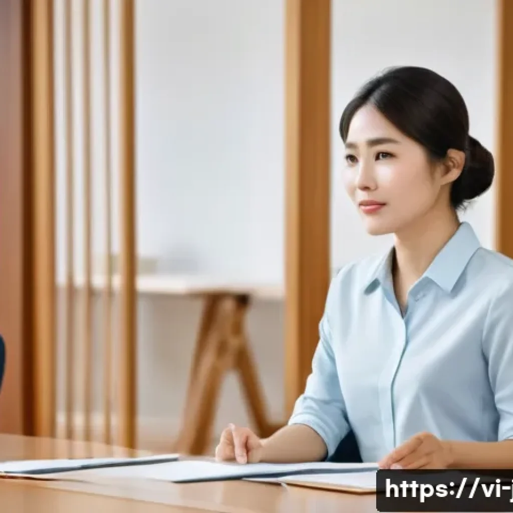 JLPT와 일본 내 고급 직무 도전 사례 - A professional Vietnamese woman in business casual attire, wearing modest, neat clothing, attentivel...