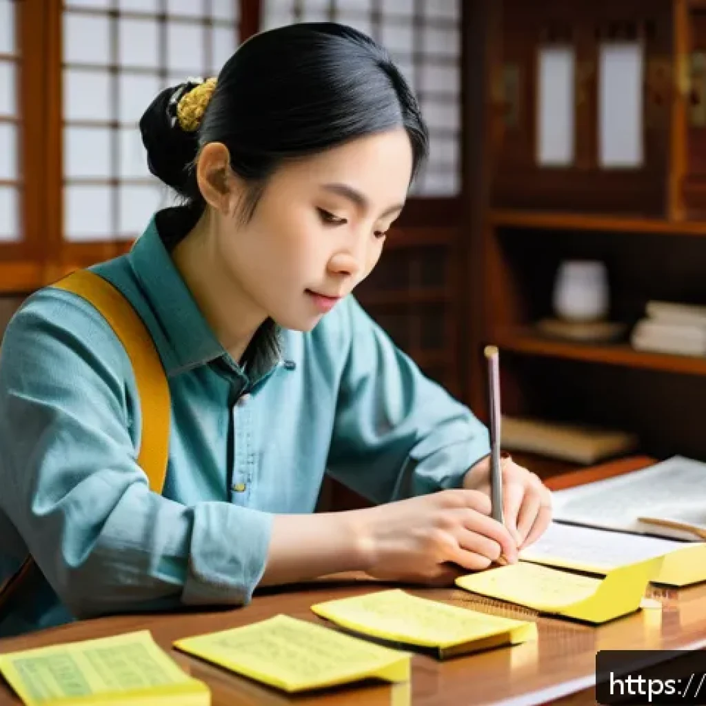JLPT와 일본어 고급 독해 학습 사례 - A focused Vietnamese adult student sitting at a traditional wooden desk in a cozy, well-lit room fil...