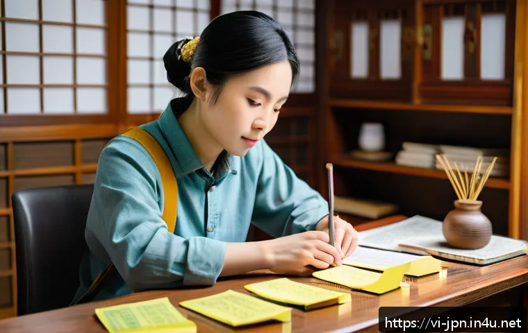 JLPT와 일본어 고급 독해 학습 사례 - A focused Vietnamese adult student sitting at a traditional wooden desk in a cozy, well-lit room fil...