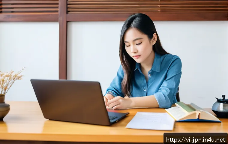 JLPT와 비즈니스 일본어 시험의 차이 - A modern Vietnamese young professional woman studying Japanese language certification at home, sitti...
