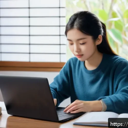Home 33 JLPT 시험의 중장기적인 학습 전략 - A focused Vietnamese student studying Japanese language in a cozy, modern home study room, surrounde...