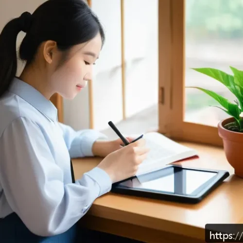 Home 31 JLPT 필수 단어 암기 어플 추천 - A cozy Vietnamese home study scene featuring a young adult sitting at a wooden desk by a window with...