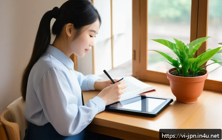 JLPT 필수 단어 암기 어플 추천 - A cozy Vietnamese home study scene featuring a young adult sitting at a wooden desk by a window with...