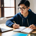 Home 18 JLPT와 일본 내 자격증과의 학문적 연구 - A focused Vietnamese student studying Japanese language textbooks and JLPT preparation materials at ...
