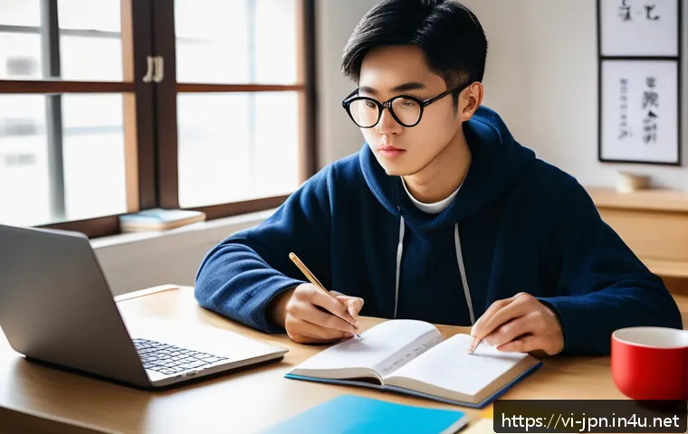 JLPT와 일본 내 자격증과의 학문적 연구 - A focused Vietnamese student studying Japanese language textbooks and JLPT preparation materials at ...