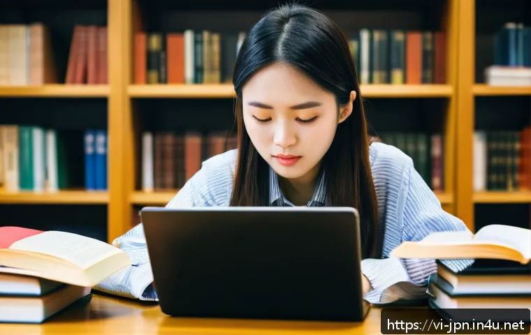 JLPT와 일본 내 학술 연구 활동 사례 - A focused Vietnamese university student studying Japanese in a modern library setting, surrounded by...