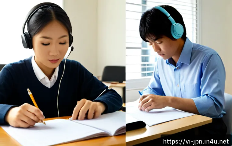 Home 15 JLPT 실기와 실무의 차이 - Photorealistic split-scene comparison: a Vietnamese young professional at a quiet desk practicing Ja...